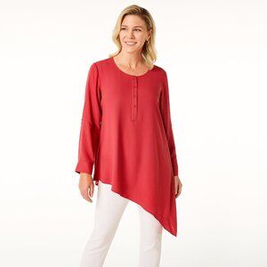 2/$30 Chico's Asymmetric Henley Tunic Top Roll Tab Long Sleeve Coral Pink #A1439